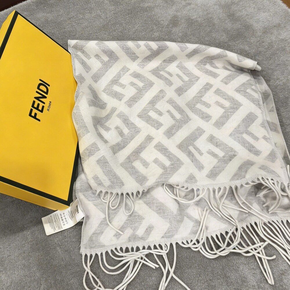 Fendi Ivory Pale Gray FF Long Fringe Scarf - Picture 1 of 4